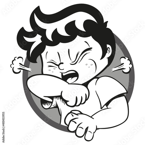 Illustration child with tuft, with cough symptom, Art line black. Ideal for health and institutional newsletters
