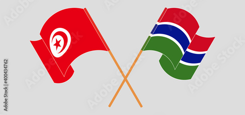 Crossed and waving flags of Tunisia and the Gambia