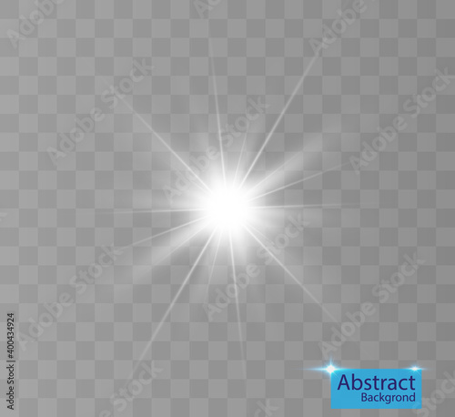 White glowing light explodes on a transparent background. Bright Star. Transparent shining sun  bright flash. Vector graphics. 