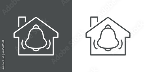 Seguridad en el hogar. Logotipo casa con campana de alarma con olas con lineas en fondo gris y fondo blanco