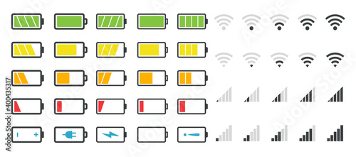Battery icons. Phone charge level. Vector set from low to full charging