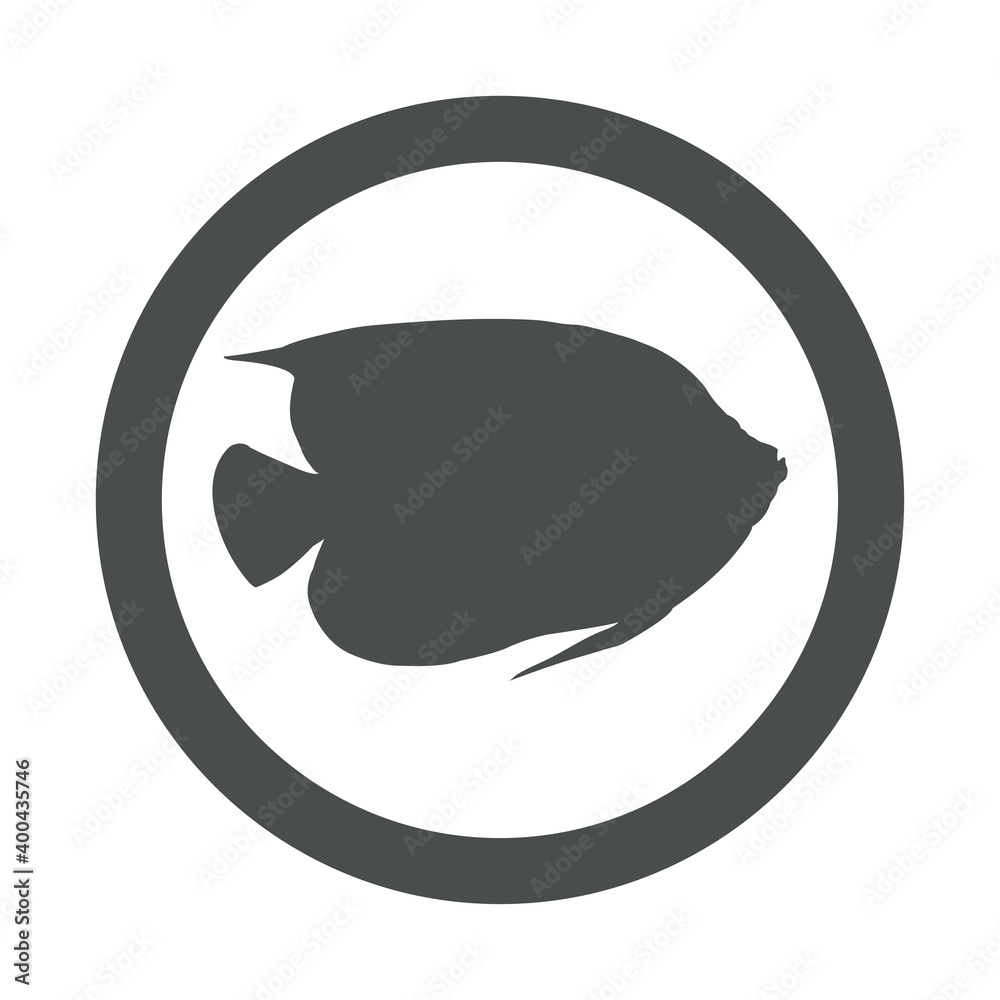 Peces tropicales. Icono silueta pez ángel en círculo color gris Peces tropicales. Icono silueta pez ángel en círculo color gris
