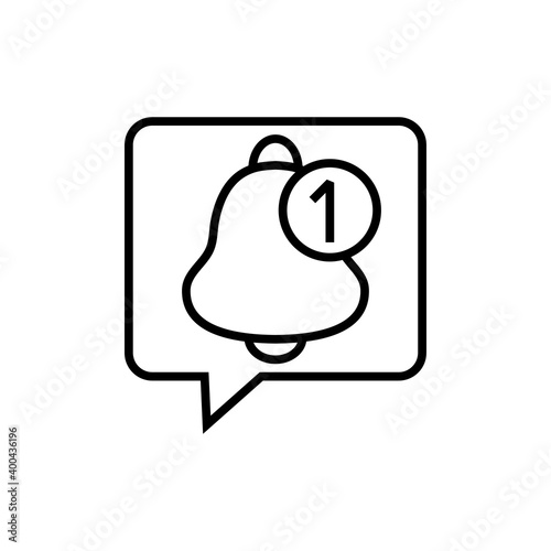 Aviso de nuevo mensaje. Logotipo con burbuja de habla con campana con número 1 en círculo con lineas en color negro