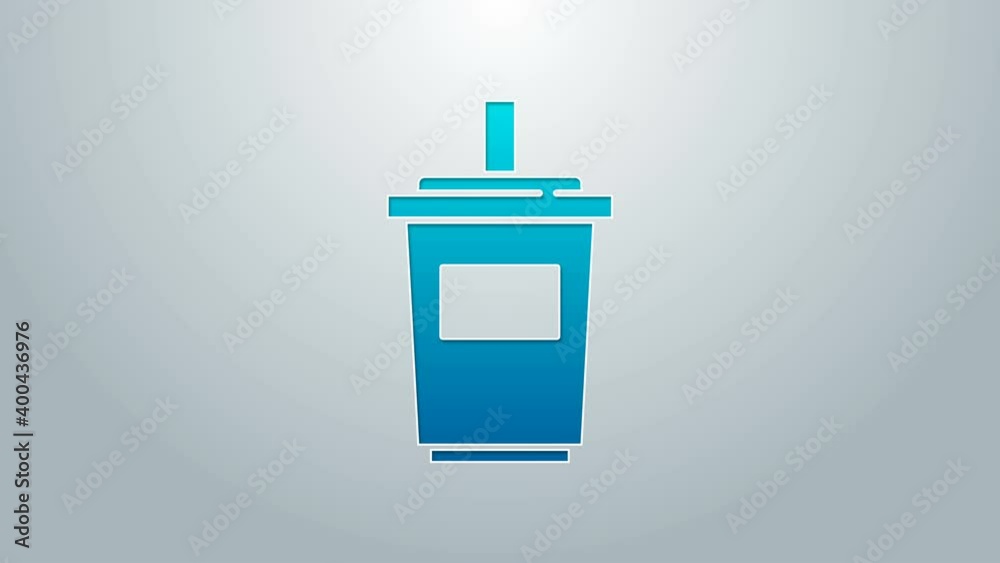 Blue line Paper glass with drinking straw and water icon isolated on grey background. Soda drink glass. Fresh cold beverage symbol. 4K Video motion graphic animation Blue line Paper glass with drinking straw and water icon isolated on grey background. Soda drink glass. Fresh cold beverage symbol. 4K Video motion graphic animation