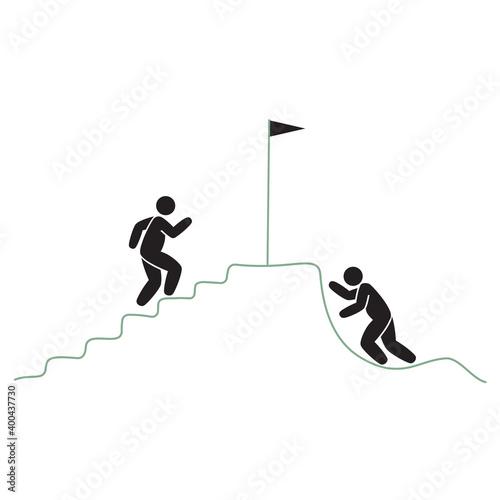 advantage vs.disadvantage illustration, two people climbing up for the rewarding prize