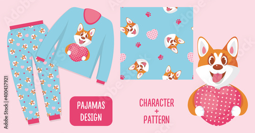 Pajama with corgi character print and simless pattern. Vector illustration, design template for home clothes