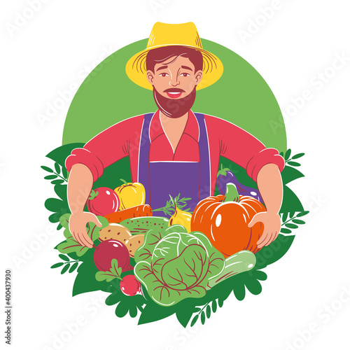 A young farmer in a hat and work clothes demonstrates his harvest. Vector illustration, character, portrait, emblem, logo, sticker, postcard, poster, banner