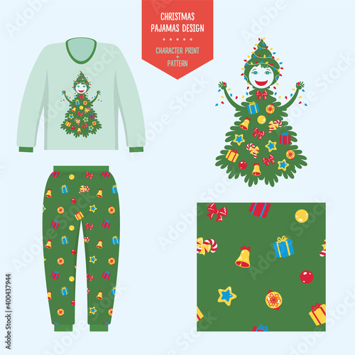 Christmas pajamas with fir tree as a girl character and seamless pattern. Vector illustration, home clothes design template