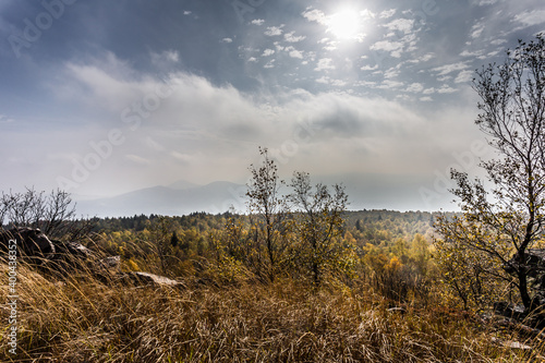 Autumn foggy morning in the deciduous forest. The low sun shines through the trees and fog and paints in the leaves and tall grass. Mountain landscape around the hill Decinsky Sneznik in northwestern 