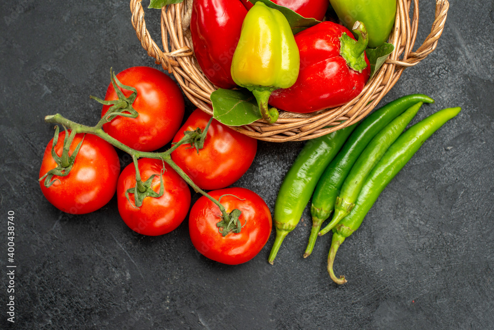 top view fresh bell-peppers with red tomatoes on dark background food salad ripe photos top view fresh bell-peppers with red tomatoes on dark background food salad ripe photos
