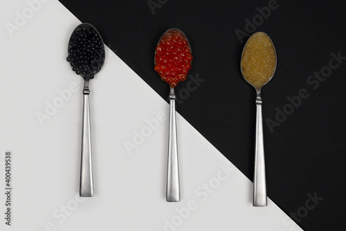 Caviar on a spoon on a black and white background