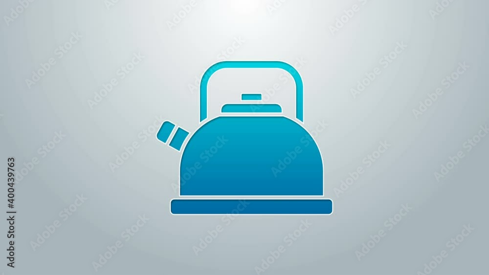 Blue line Kettle with handle icon isolated on grey background. Teapot icon. 4K Video motion graphic animation Blue line Kettle with handle icon isolated on grey background. Teapot icon. 4K Video motion graphic animation