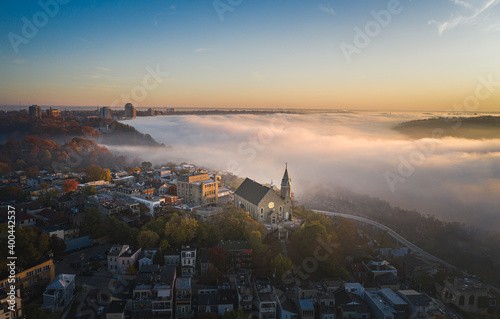 Foggy morning at Mount Adams, Cincinnati, Ohio, USA skyline aerial view