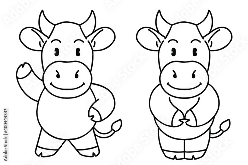 Cattle character greeting. Vector line art illustrations set.