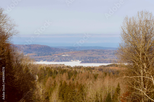 Winter landscape around a lake in Quebec, Canada, in December