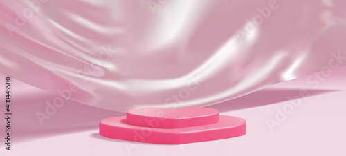 Realistic heart shaped podium for valentine's day, romantic, beauty cosmetic product presentation with beautiful silk sheet backdrop vector