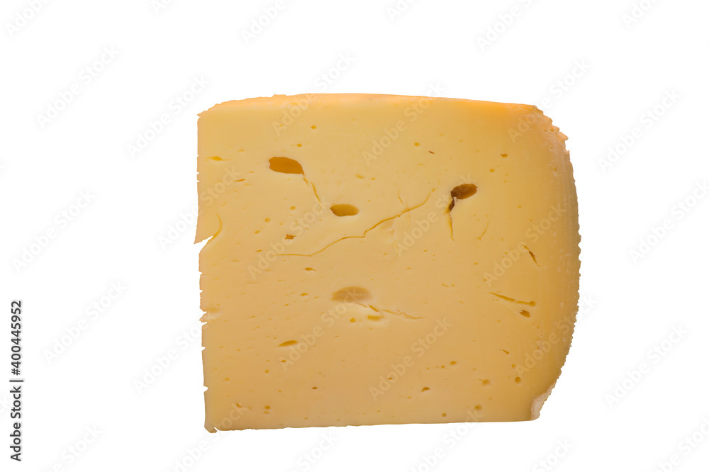 One piece of cheese isolated on white background.