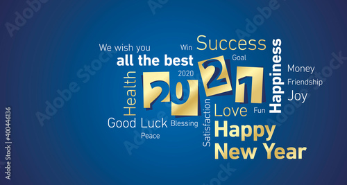 Happy New Year 2021 shining gold white word cloud blue board background