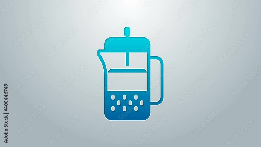 Blue line French press icon isolated on grey background. 4K Video motion graphic animation