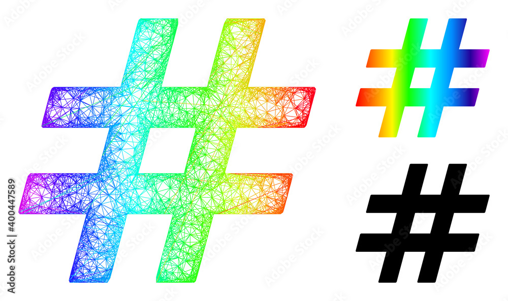 Obraz premium Spectrum colorful net mesh jail, and solid spectral gradient jail icon. Crossed frame flat net geometric image based on jail icon, is made with crossed lines.