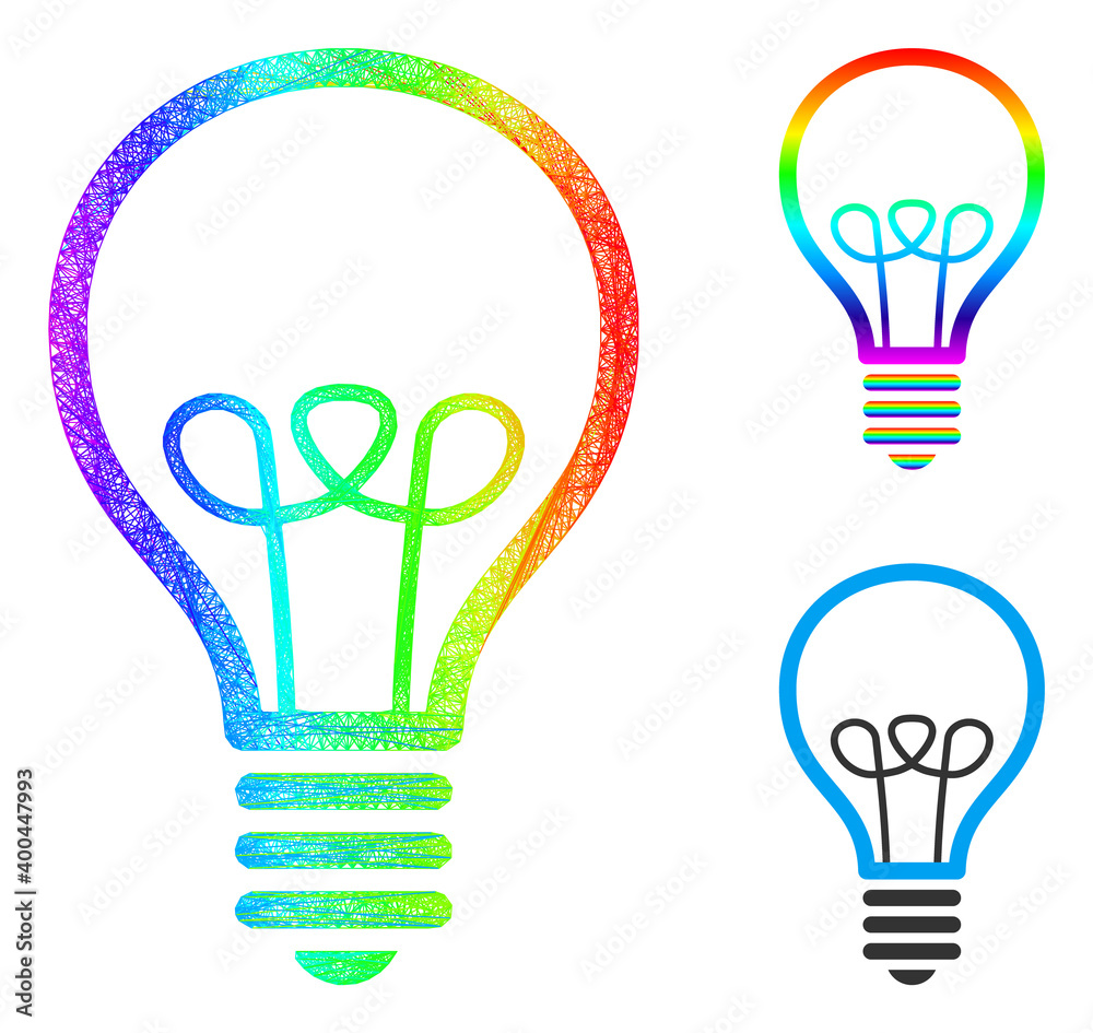 Spectral colored net mesh lamp bulb, and solid spectral gradient lamp bulb icon. Crossed carcass 2D net geometric image based on lamp bulb icon, generated from crossing lines. Spectral colored net mesh lamp bulb, and solid spectral gradient lamp bulb icon. Crossed carcass 2D net geometric image based on lamp bulb icon, generated from crossing lines.
