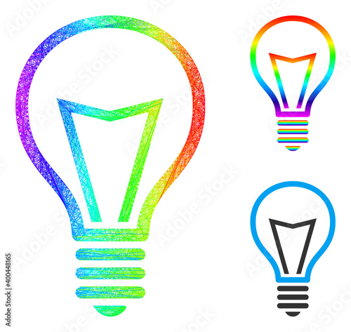 Spectrum colored wire frame lamp bulb, and solid spectrum gradient lamp bulb icon. Hatched carcass flat net abstract symbol based on lamp bulb icon, generated with intersected lines.