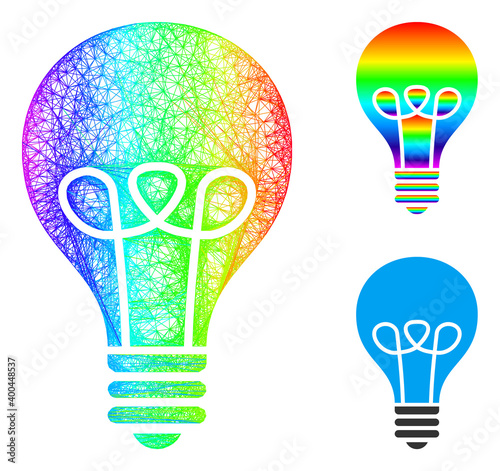 Spectrum colored wire frame lamp bulb, and solid spectrum gradient lamp bulb icon. Wire frame flat net geometric image based on lamp bulb icon, is generated with crossed lines.