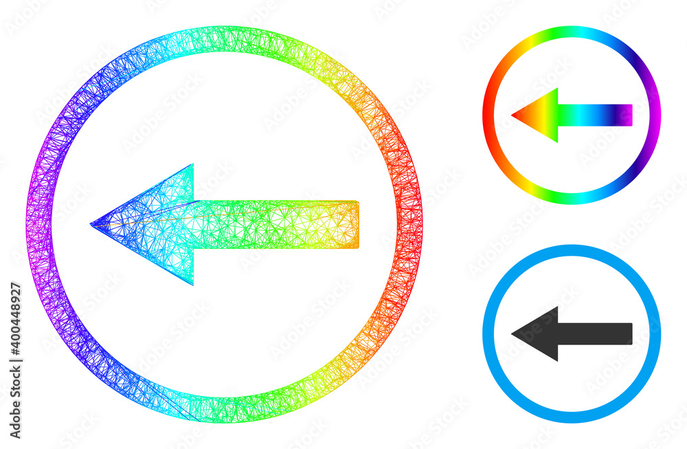 Rainbow colored net mesh left rounded arrow, and solid rainbow gradient left rounded arrow icon. Hatched frame 2D net geometric image based on left rounded arrow icon, Rainbow colored net mesh left rounded arrow, and solid rainbow gradient left rounded arrow icon. Hatched frame 2D net geometric image based on left rounded arrow icon,