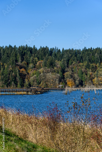 Nisqually Estuary Boardwalk Trail on a sunny fall day, Nisqually National Wildlife Refuge, Washington State 