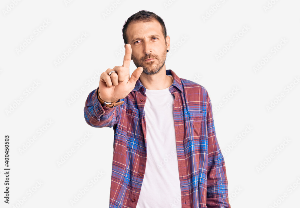 Fototapeta premium Young handsome man wearing casual clothes pointing with finger up and angry expression, showing no gesture
