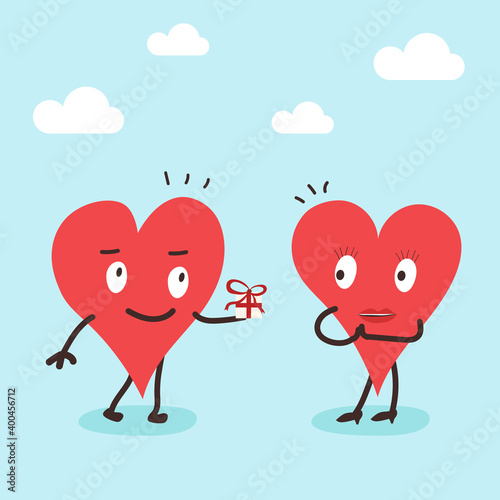 Man hearts gives gift box to girl cute hearts. Cute two couple hearts isolated on blue background. Valentines day holiday concept