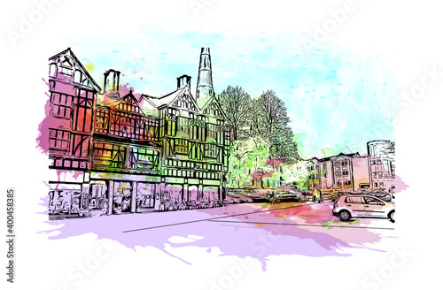 Building view with landmark of Coventry is a city in central England. Watercolour splash with hand drawn sketch illustration in vector.