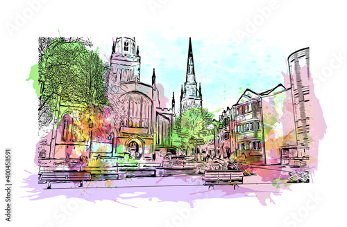 Building view with landmark of Coventry is a city in central England. Watercolour splash with hand drawn sketch illustration in vector.