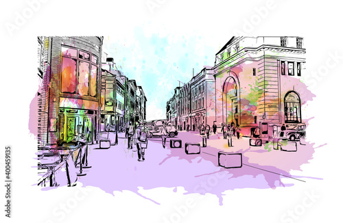 Building view with landmark of Coventry is a city in central England. Watercolour splash with hand drawn sketch illustration in vector.