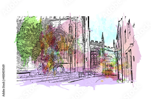 Building view with landmark of Coventry is a city in central England. Watercolour splash with hand drawn sketch illustration in vector.