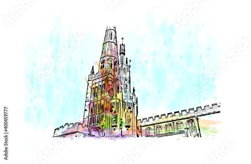 Building view with landmark of Coventry is a city in central England. Watercolour splash with hand drawn sketch illustration in vector.