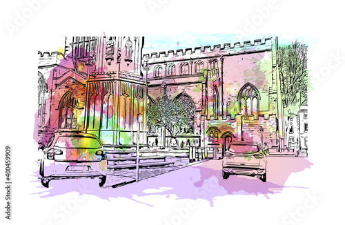Building view with landmark of Coventry is a city in central England. Watercolour splash with hand drawn sketch illustration in vector.
