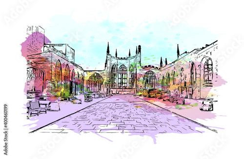 Building view with landmark of Coventry is a city in central England. Watercolour splash with hand drawn sketch illustration in vector. photo