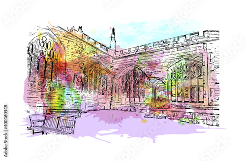 Building view with landmark of Coventry is a city in central England. Watercolour splash with hand drawn sketch illustration in vector.