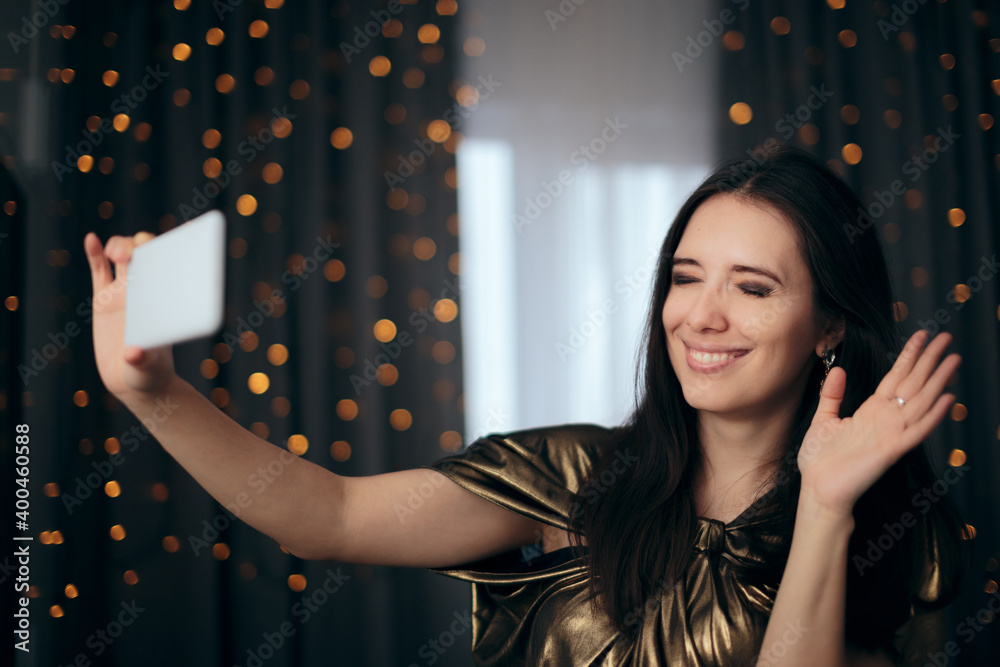 Woman Video Calling Friends Enjoying Holidays at Home Woman Video Calling Friends Enjoying Holidays at Home