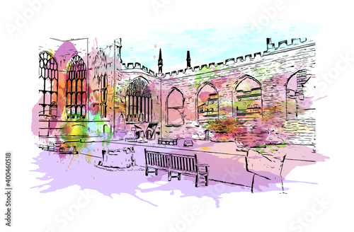 Building view with landmark of Coventry is a city in central England. Watercolour splash with hand drawn sketch illustration in vector.