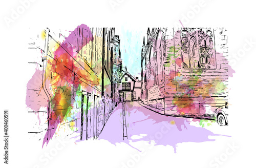 Building view with landmark of Coventry is a city in central England. Watercolour splash with hand drawn sketch illustration in vector.