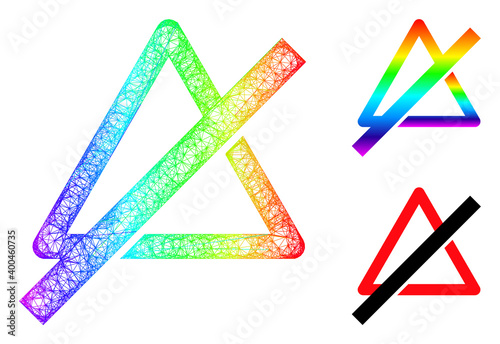 Rainbow colored net no danger, and solid rainbow gradient no danger icon. Wire frame flat net geometric image based on no danger icon, is made from crossed lines.