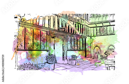 Building view with landmark of Coventry is a city in central England. Watercolour splash with hand drawn sketch illustration in vector.