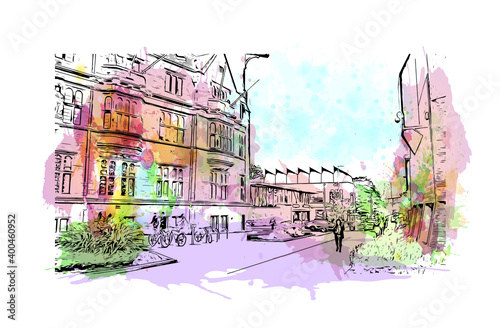 Building view with landmark of Coventry is a city in central England. Watercolour splash with hand drawn sketch illustration in vector.
