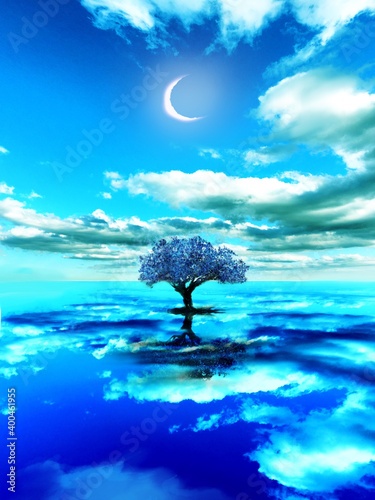 The silhouette of a mysterious tree towering in the middle of a mysterious landscape where the deep blue sky is reflected on the surface of the sea