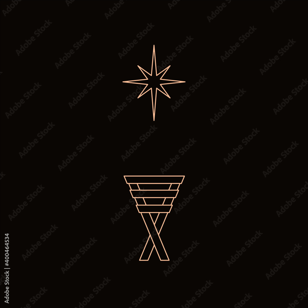 Geometric line drawing of manger and star of Bethlehem, symbolizing the birth of Christ. Geometric line drawing of manger and star of Bethlehem, symbolizing the birth of Christ.