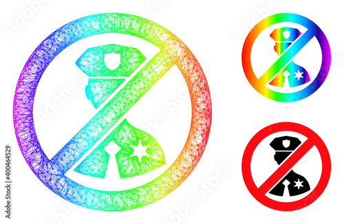Rainbow vibrant net mesh no police officer, and solid rainbow gradient no police officer icon. Linear carcass flat net abstract image based on no police officer icon, is made with intersected lines.