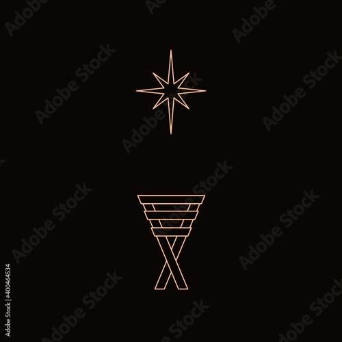 Geometric line drawing of manger and star of Bethlehem, symbolizing the birth of Christ. photo