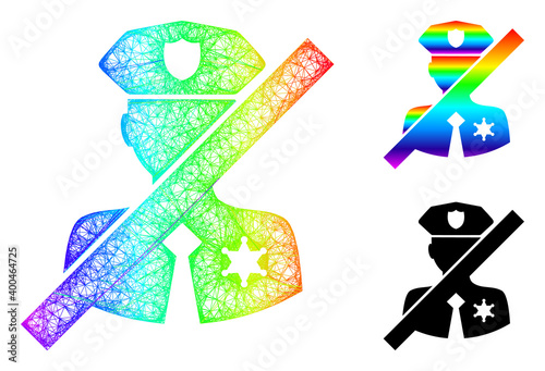 Rainbow colored net no police sheriff, and solid rainbow gradient no police sheriff icon. Hatched carcass 2D net abstract image based on no police sheriff icon, is generated from crossed lines.